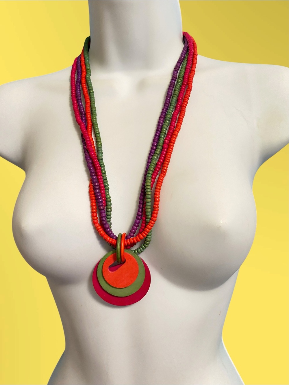 Colorful Wood Multistrand Beads Disc Pendant Boho Style Necklace